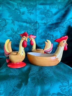 Vintage Holt Howard Rooster Spoon Rest & Candleholders
